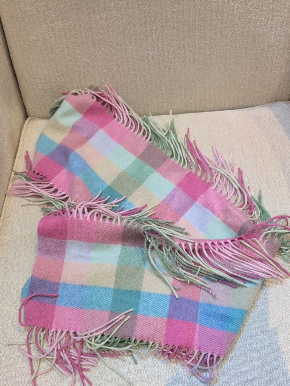 Charter Club Cashmere Pastel Multi-Check Luxury Oblong Scarf Twisted Fringe Ends
